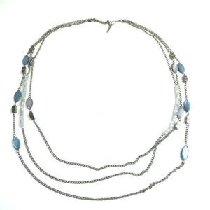 Kenneth Cole Triple Multi Strand Beaded Chain Necklace Silver Tone Blue Cats Eye